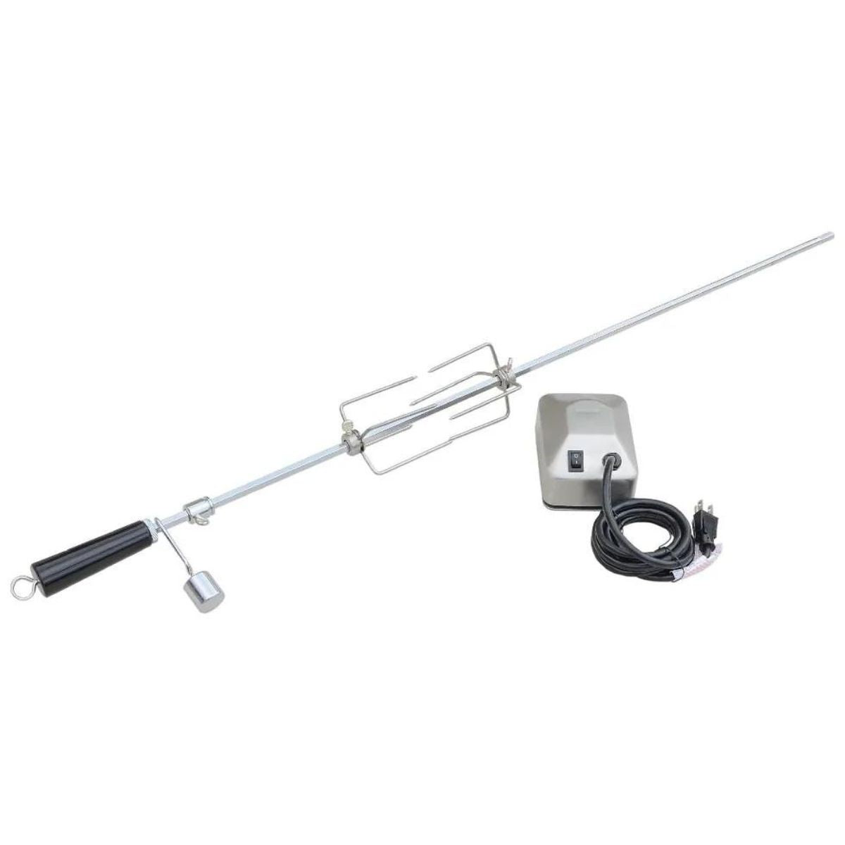 Rotisserie Kit includes the motor, spit rod with handle, two forks, and counterbalance